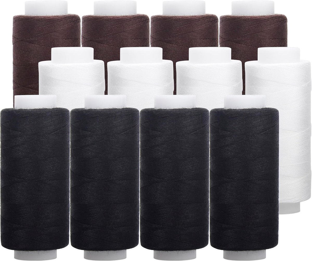 12 spoelen polyester multifunctionele naaigaren voorgewikkelde spoeldraad 350 m per spoel voor borduurwerk en naaimachine, doe-het-zelf borduurgaren naaigaren (zwart, wit, bruin)