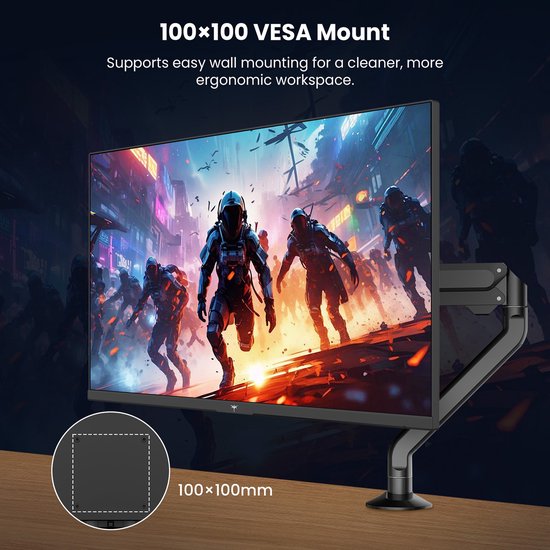 Monitor met een afbeelding van een futuristische stad. Geeft VESA 100x100mm muurbevestigingsmogelijkheden aan.