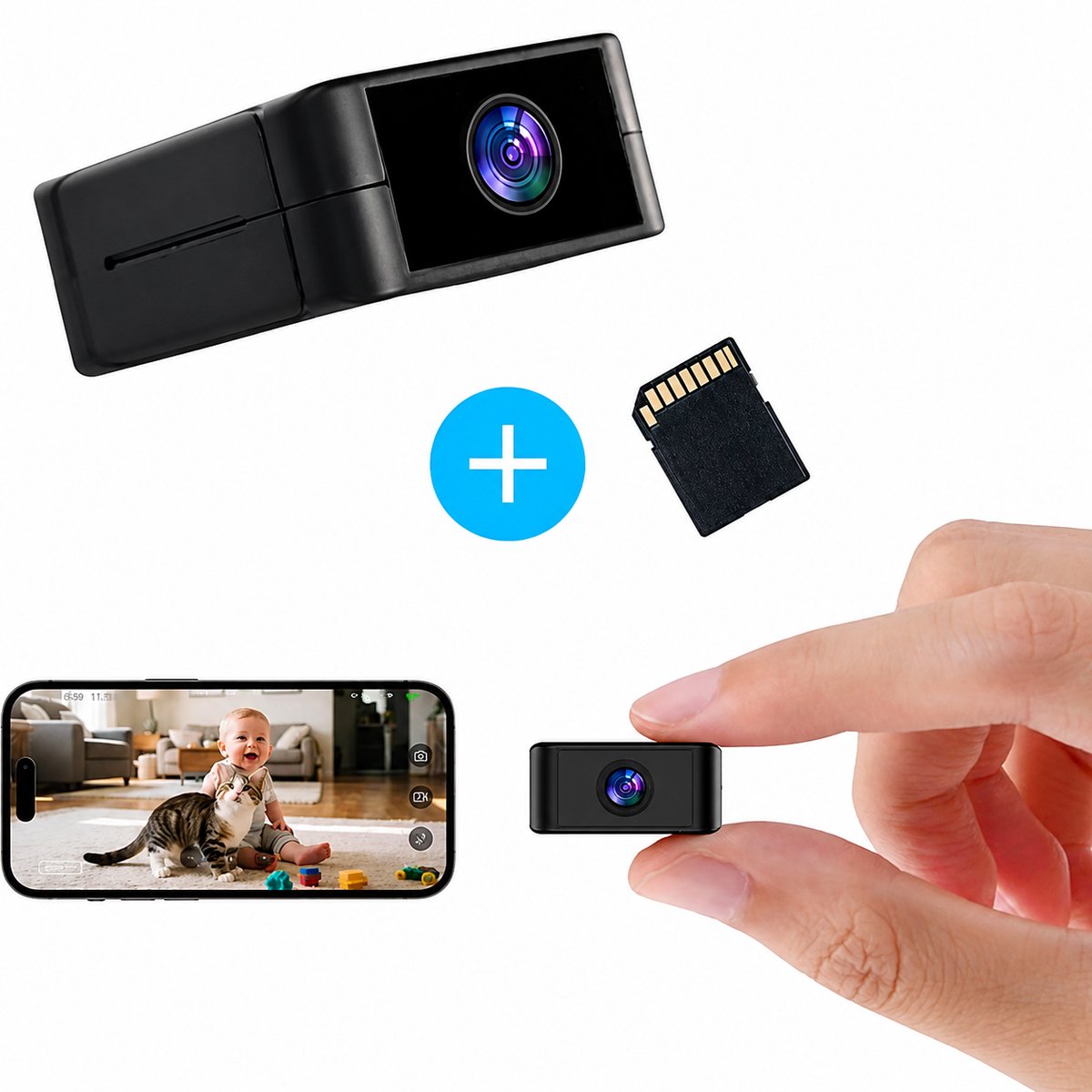 Mini Camera Verborgen - Wifi Beveiligingscamera - 1080p Full HD - Nachtzicht - Bewegingsdetectie - App iOS Android - 4,3x3,5x1,7cm - Zwart