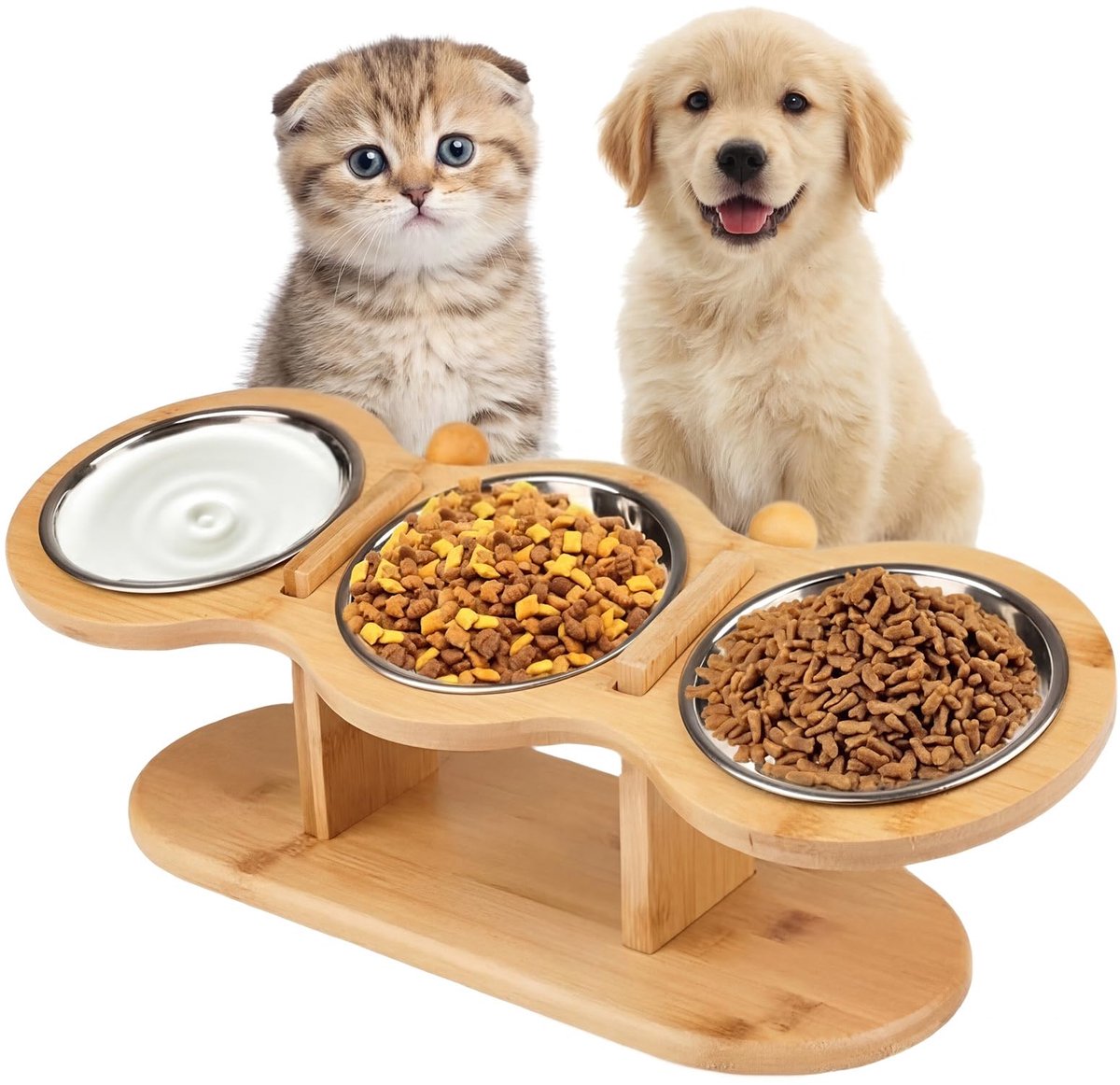 Voederstation voor katten, verhoogde kattennappen, 15° gekanteld, verstelbare hoogte, verhoogde kattenvoerbak met 3 roestvrijstalen kommen voor katten en kleine honden