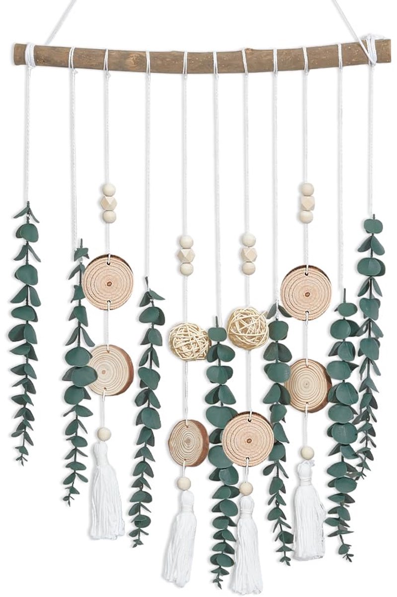 Kunstmatige eucalyptus wanddecoratie, nep groen bladeren stengels muur opknoping planten op 5,8 cm houten stok rustieke Boheemse huis muur kunst decor met nagels en haken voor badkamer