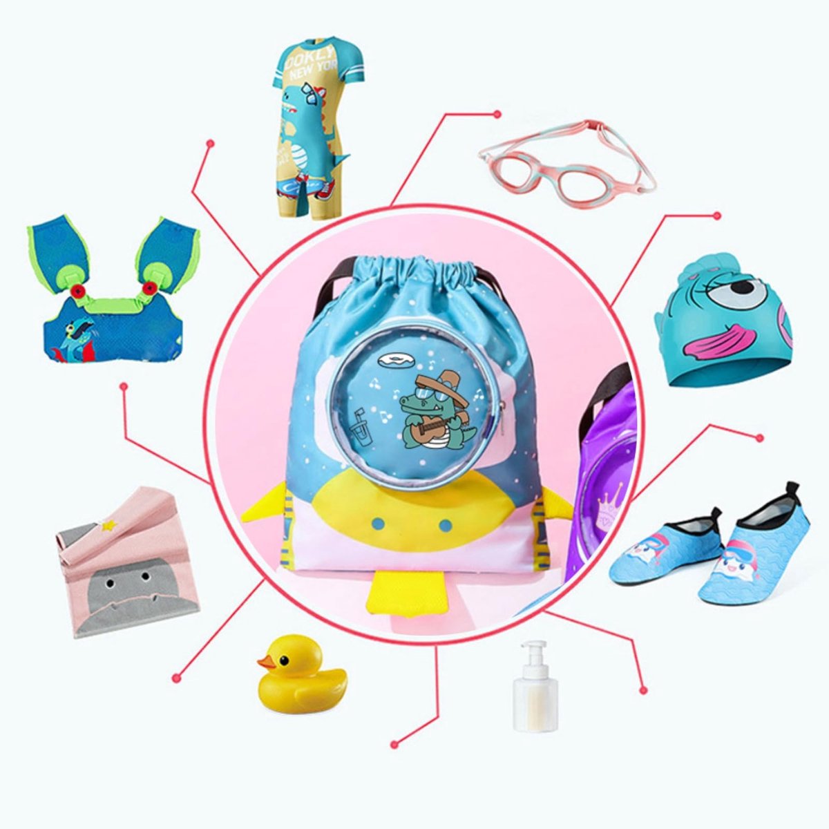 Zwemtas voor kinderen, zwembadtas voor kinderen met vak, tas met trekkoord, voor kinderen, sporttas, zwembadtas, voor zwembad, strand, outdoor, reizen