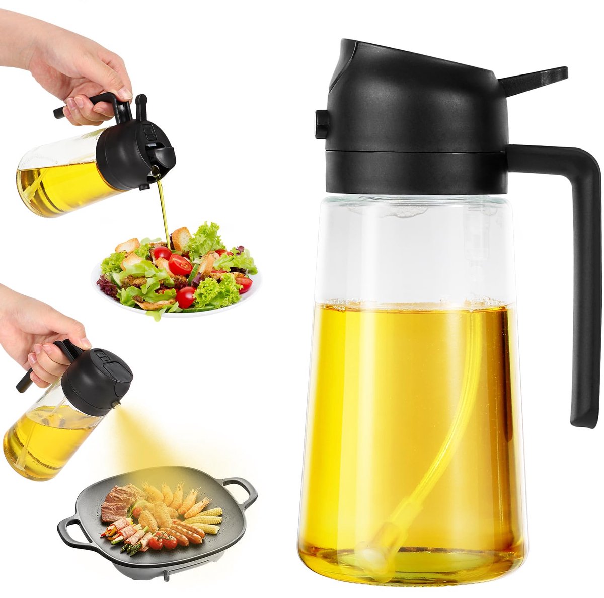 Oliesproeier voor luchtfriteuse, 2-in-1 oliesproeier, spray, 470 ml, olieverstuiver, oliespray voor keuken, voor koken, bakken, grillen, salade