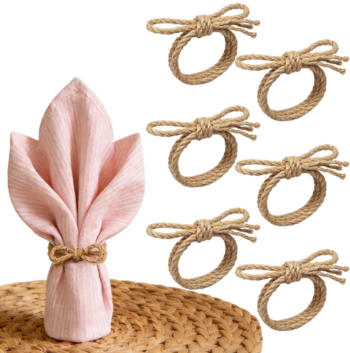 Servetringen van jutetouw. Deze rustieke servetringen geven uw tafeldecoratie een natuurlijke bohemien-charme – perfect voor bruiloft, landelijke stijl of dagelijks gebruik.