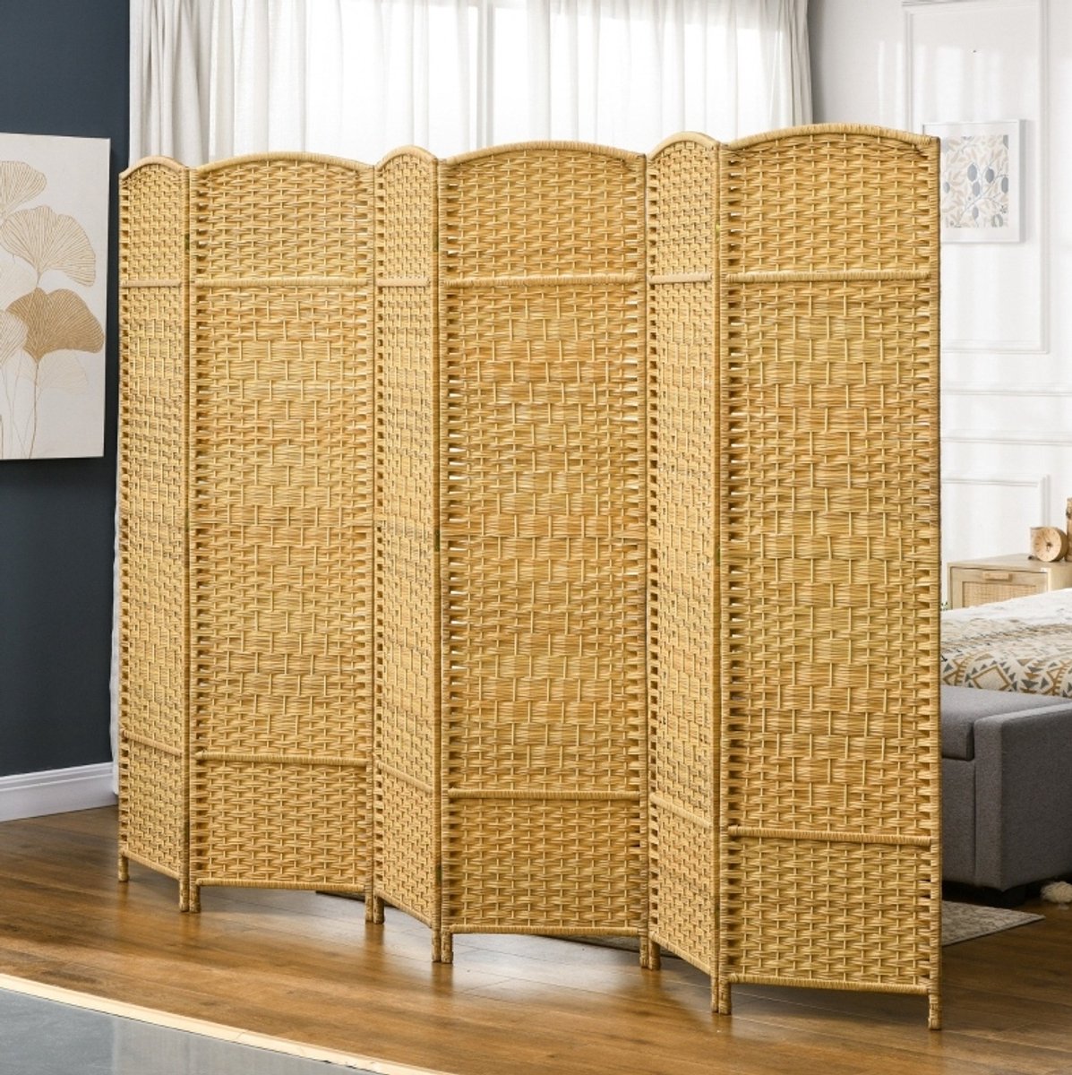 MEUNIQ 6-delig kamerscherm 270 x 180 cm opvouwbare roomdivider met handgeweven patroon, bogen en grenenhouten frame voor woonkamer, slaapkamer of thuiskantoor Naturel hout