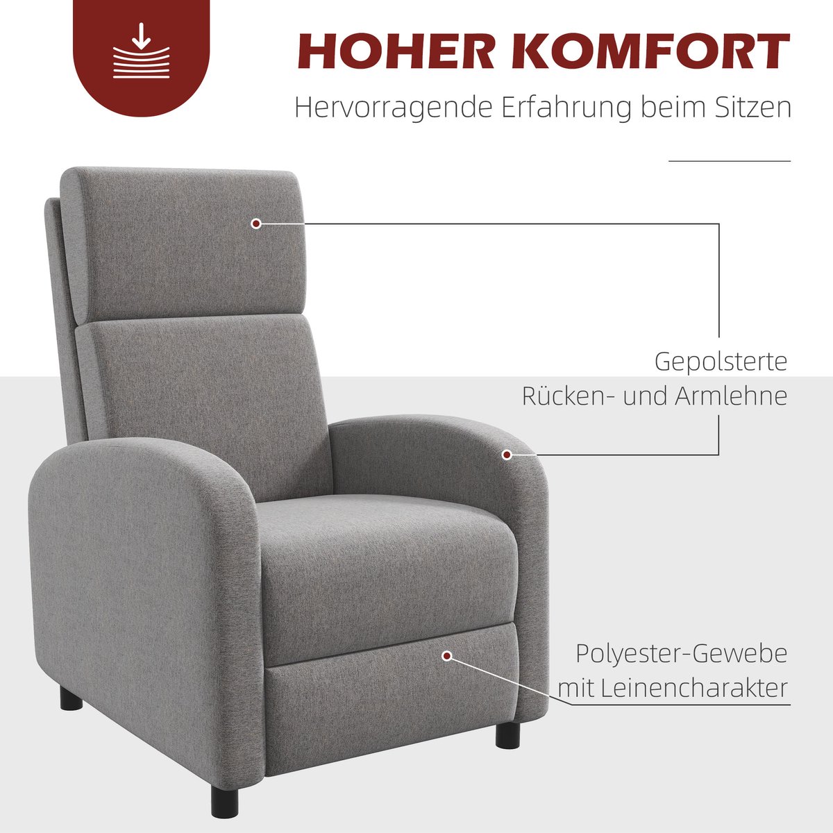 HAUSS SPOLE Relaxfauteuil Met Handmatige Ligfunctie En Voetsteun, Comfortabele Fauteuil Met Hoge Rugleuning En Brede Armleuningen Voor Woonkamer En Kantoor, Grijs Stof Gray
