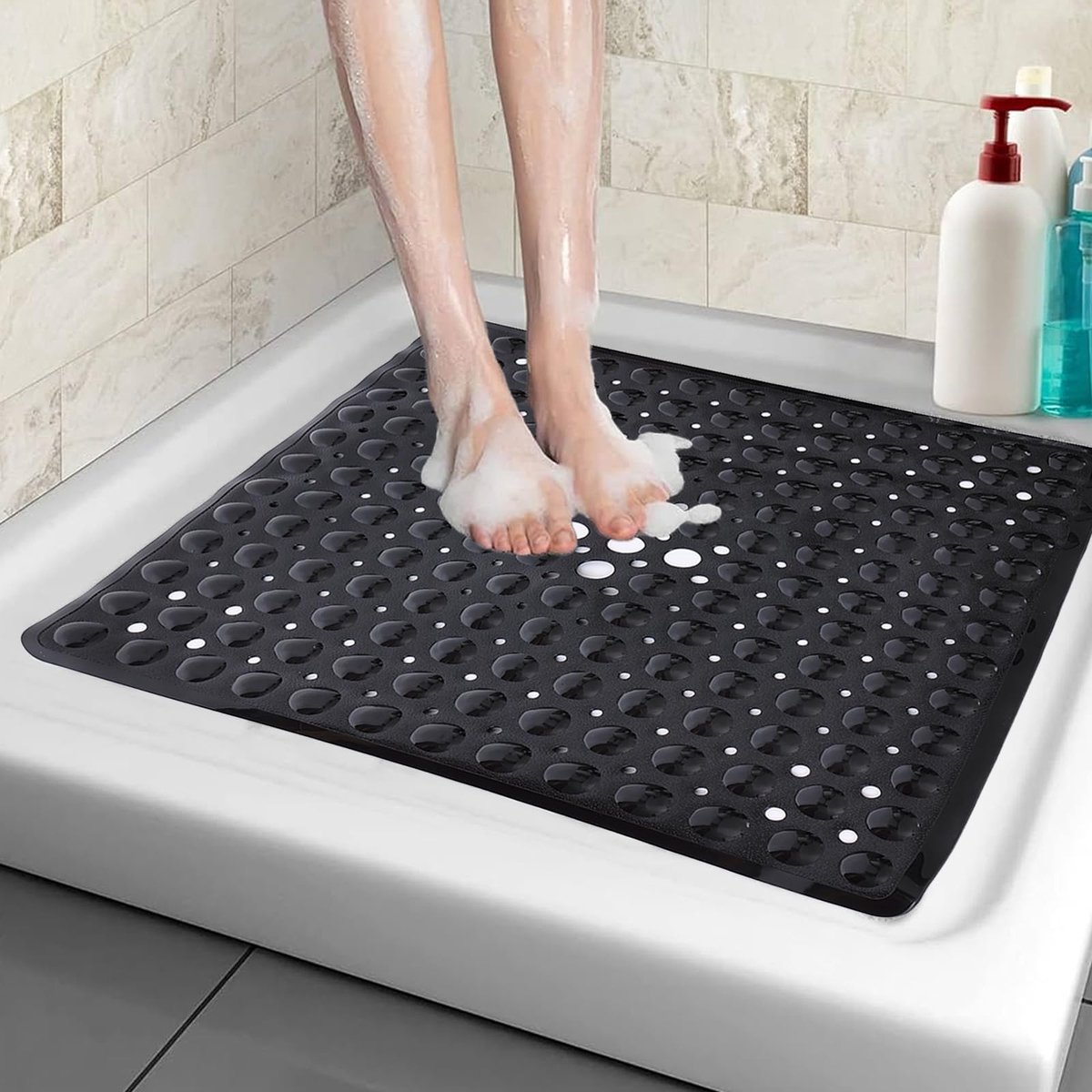 Douchemat Antislip Anti Mould - 53 x 53 cm/21 x 21 inch, Anti-Schimmel, Antibacterieel Rubberen Badmat met Afvoergaten, Machinewasbaar (Zwart)