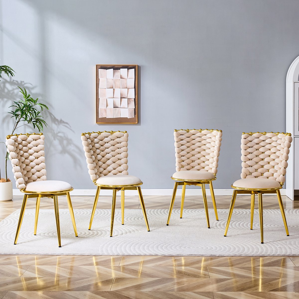 HAUSS SPOLE Eetkamerstoel - Luxe Velvet Design - Set Van 2 - Gevlochten Rugleuning Met Gevoerde Zitting En Gouden Metalen Poten - Voor Eetkamer En Woonkamer - Beige