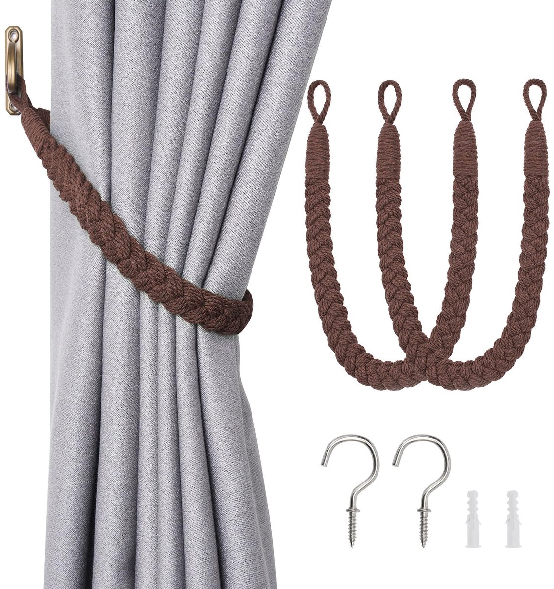 Jolly Set van 2 natuurlijke katoenen touwgordijnbinders, elegante boho-stijl, decoratieve draperieën, zachte handgeweven touwgordijnhouders met metalen haak voor thuis en op kantoor, gordijnen