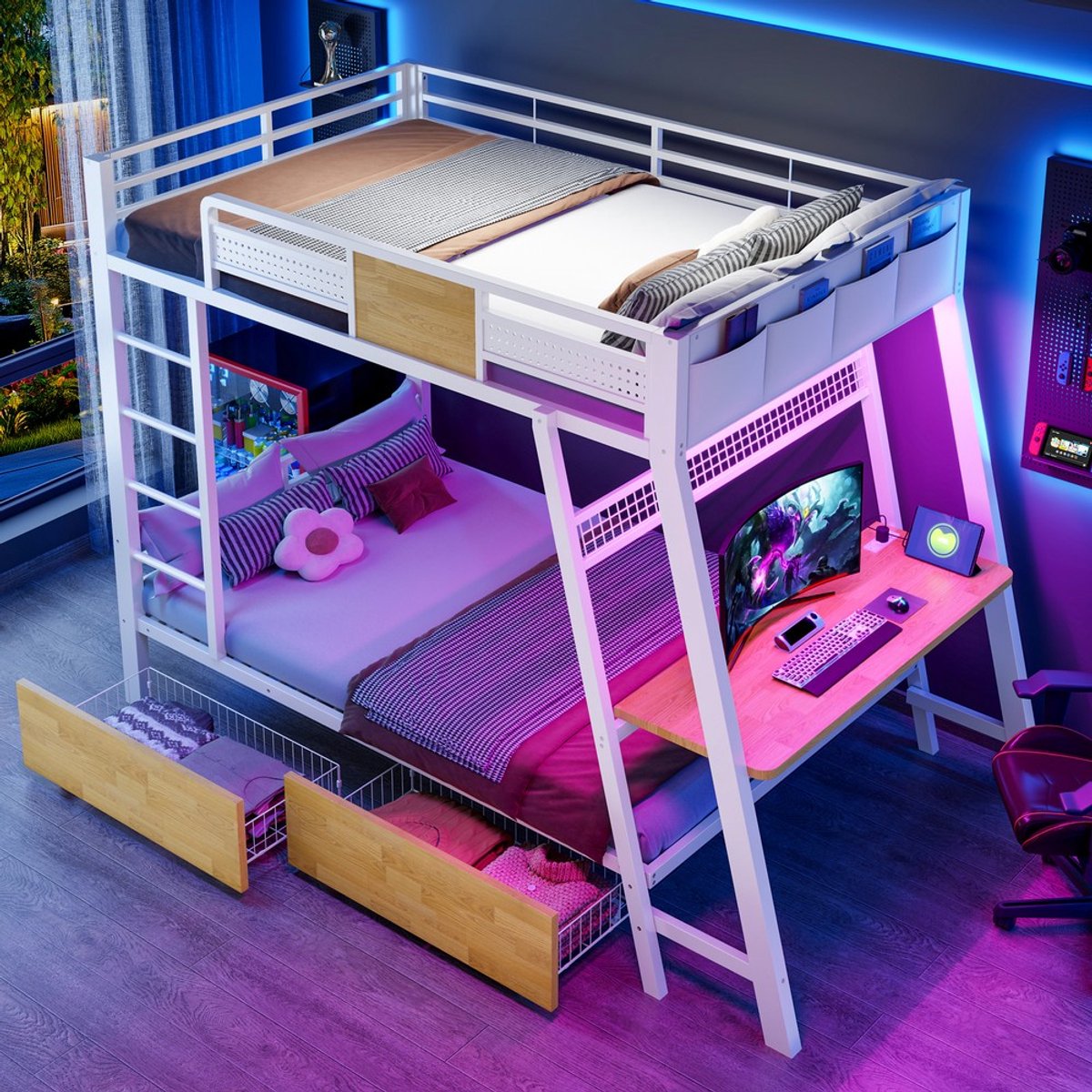 KOMHTOM Stapelbed - Metaal - 90x200 cm - Gaming Bureau - LED Verlichting - USB Stopcontacten - Type-C - Opbergmanden - Jeugdbed - Kinderbed - Wit