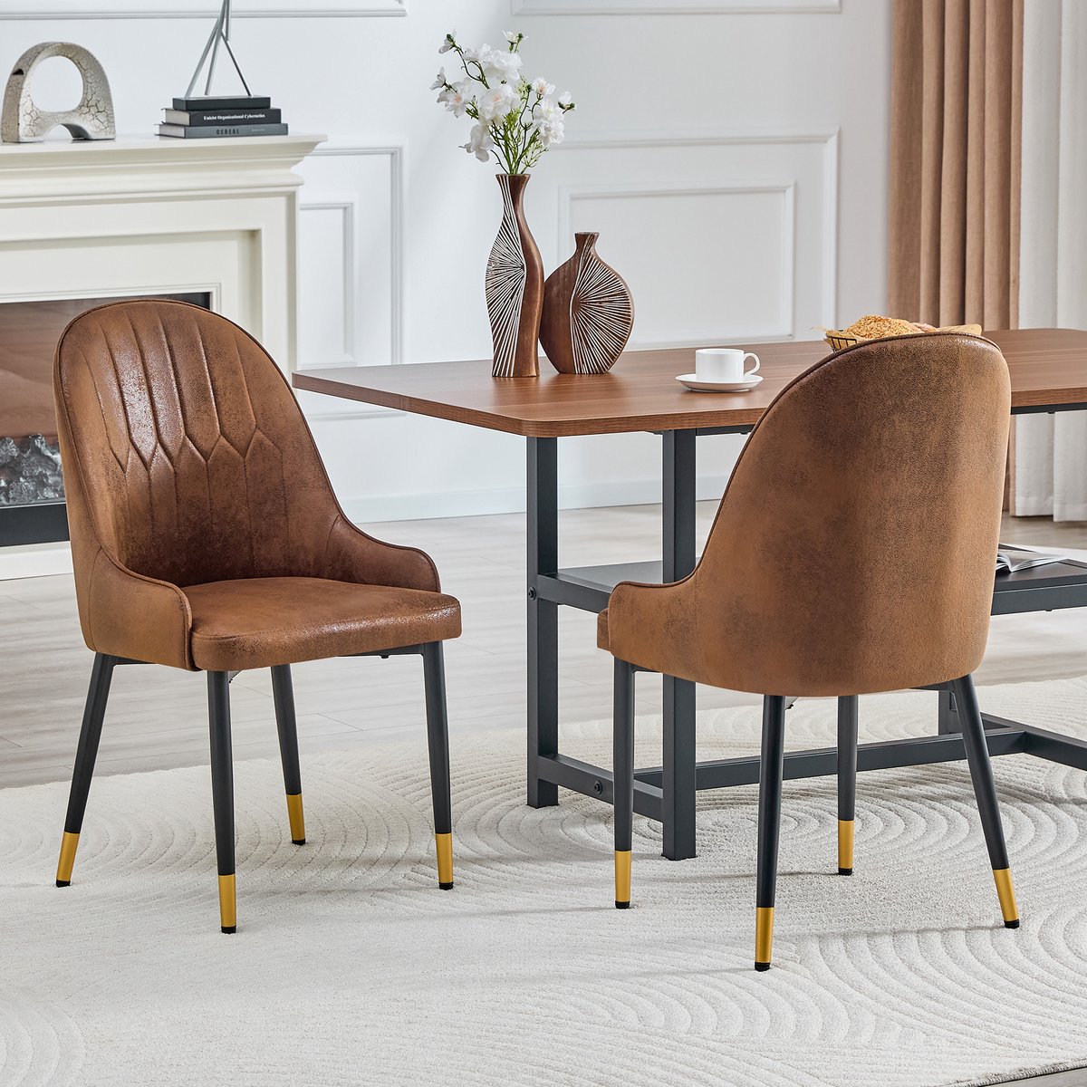 HAUSS SPOLE Eetkamerstoel - Luxe Design Met Armleuningen - Set Van 2 Met Blitz Rugleuning En Zachte Vulling - Voor Eetkamer En Café - Stof Metaal Bruin Zwart