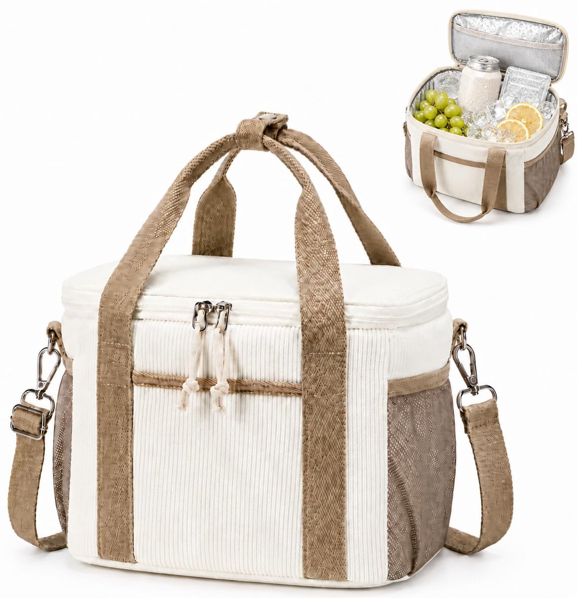 Corduroy Lunchtas voor dames en heren, geïsoleerde lunchbox, lekvrij, zachte koeltas, koeler met verstelbare schouderriem voor eten, bier, strand, werk, kantoor, picknick, reizen