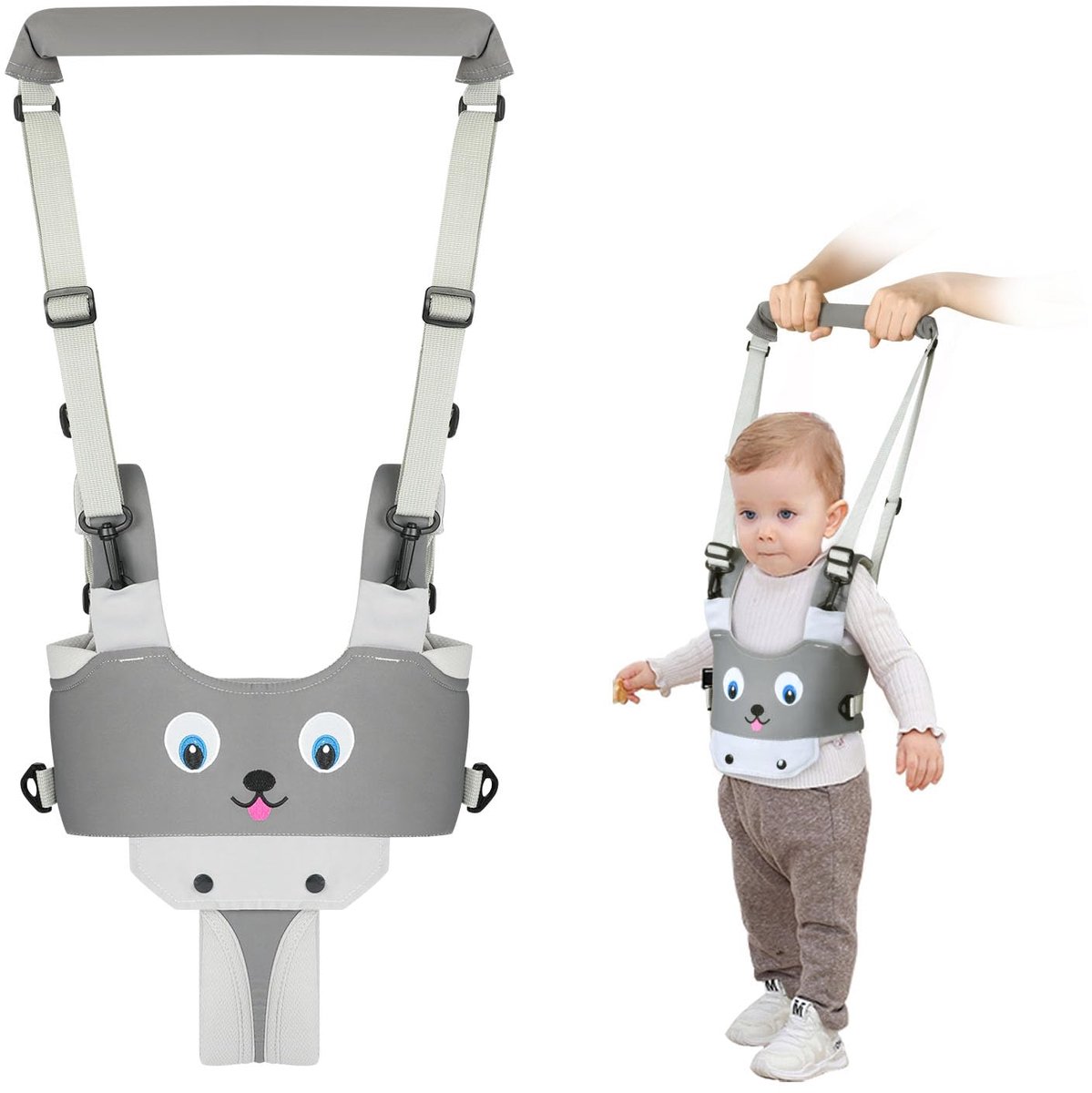 Vicloon Baby Walker Loophulp voor baby's, verstelbare loopwagen met veiligheidsslot en magische stickers, ademende staande loophulp leerhulp Walker (puppy - grijs)