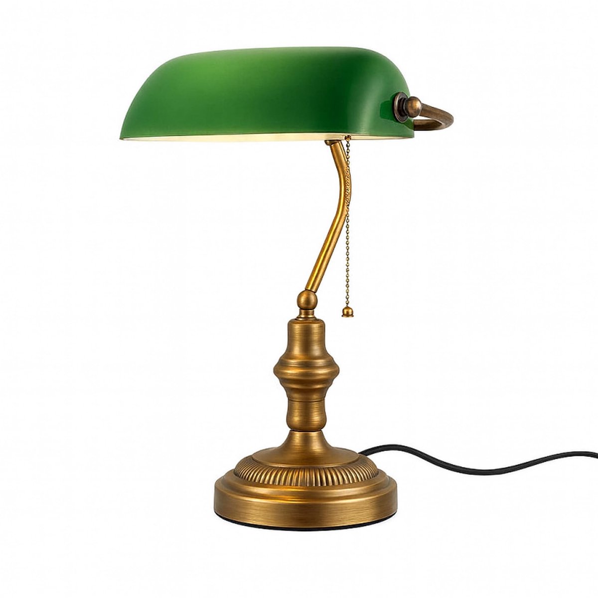 Vintage Bankierslamp E27 met Groene Glazen Kap, Verstelbare Retro Bureaulamp met Antiek Messing Afwerking en Trekkoordschakelaar, Tafellamp voor Kantoor Studeerkamer Bibliotheek