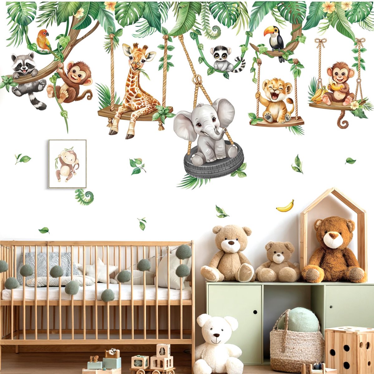 decalmile Jungle Dieren op Zwenken Muurstickers Safari Dieren Olifant Giraffe Aap Tropische Bladeren Muur Stickers Babykamer Kinderkamer Muur Decor