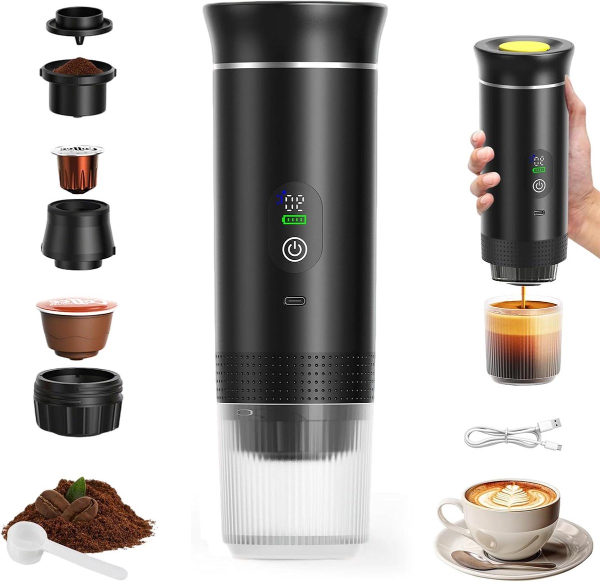 Draagbaar Koffiezetapparaat - Mini Espressomachine - Koffie Maken Onderweg - 3-in-1 Functionaliteit - 90 Milliliter - Zwart