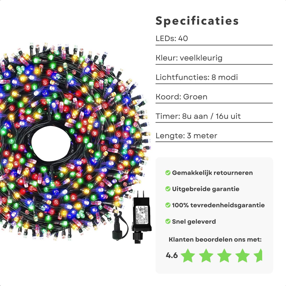 Cheqo® Kerstverlichting - Kerstboomverlichting - Kerstlampjes - Sfeerverlichting - LED Verlichting - Voor Binnen en Buiten - Tuinverlichting - Feestverlichting - Lichtsnoer - Multicolor - 40 LED's - 3M - Timer - 8 Lichtfuncties – foto 4