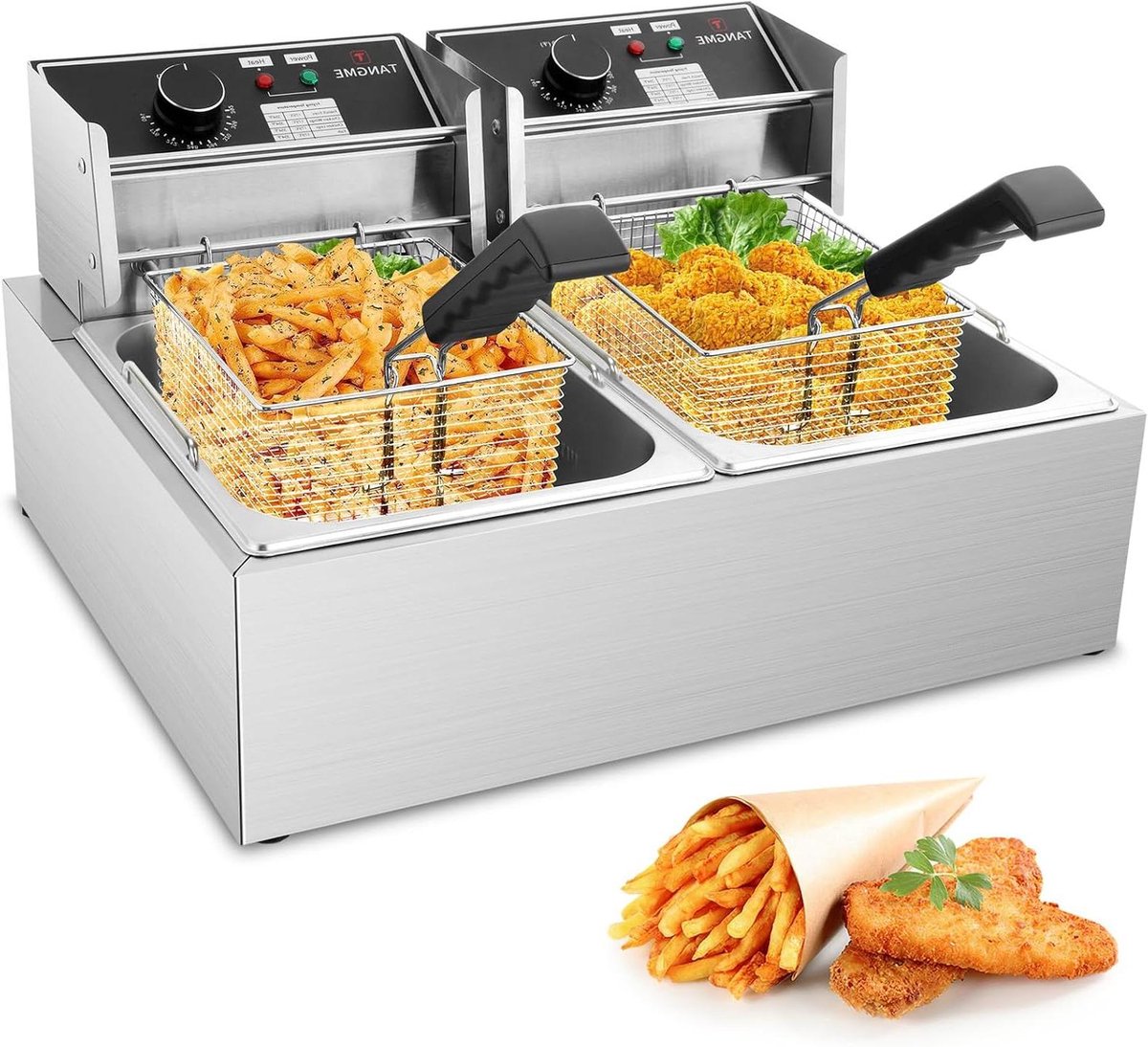Elektrische Friteuse - Dubbele Tank - Commercieel Frituren - S-Vormig Verwarmings-element - 2 x 6 Liter - Zilver