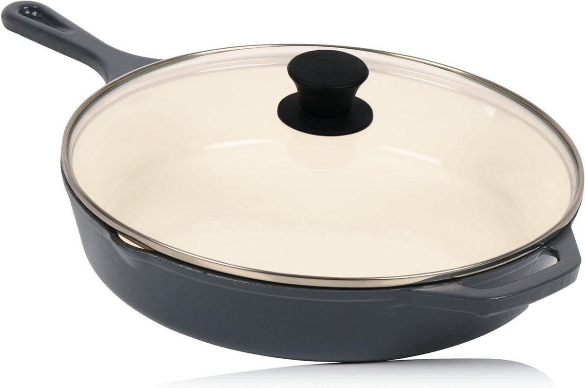Gietijzeren pan - Braadpan met deksel - Koken en braden - Geëmailleerd met schenktuiten - Diameter 295 cm - Blauw