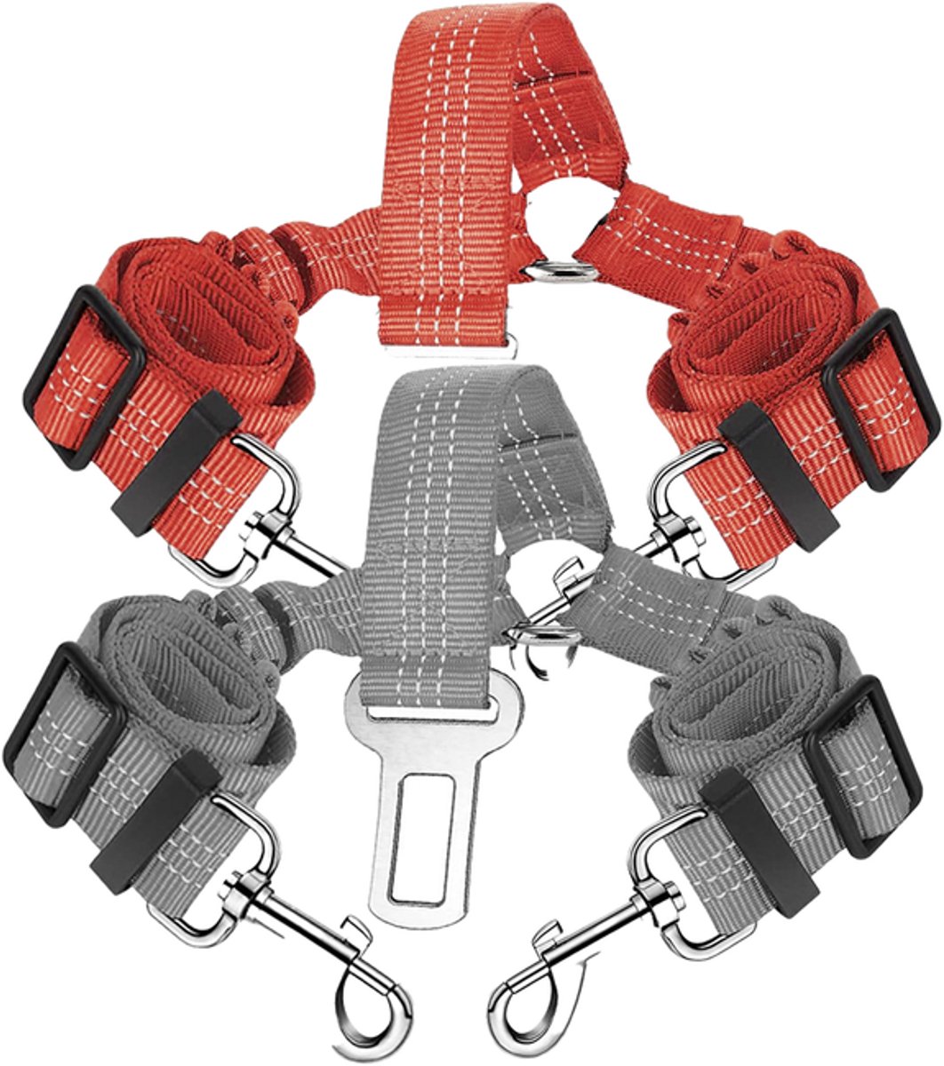 Set van 2 Dual-Dog autogordels – Verstelbare autogordel voor twee huisdieren, voorzien van een elastische riem en reflecterende strips, met een knoopvrij ontwerp met vertakking;rood+grijs
