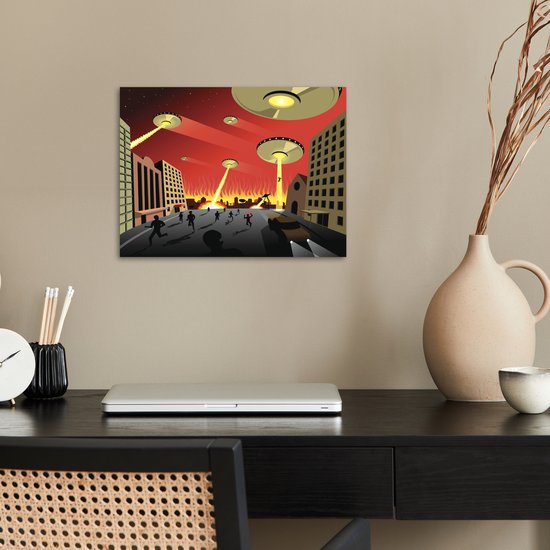 Poster 40x30 cm - Een illustratie van UFO's die een stad aanvallen - Jongens - Meisjes - Kinderen - Kind - Posters - Kamer decoratie - Wanddecoratie woonkamer - Muurdecoratie slaapkamer