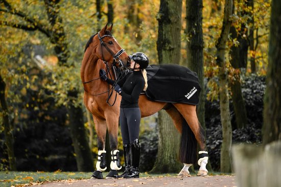 Bruine paard met zwarte manen en staart, met ruiter in zwarte kleding en helm. Bosrijke omgeving.