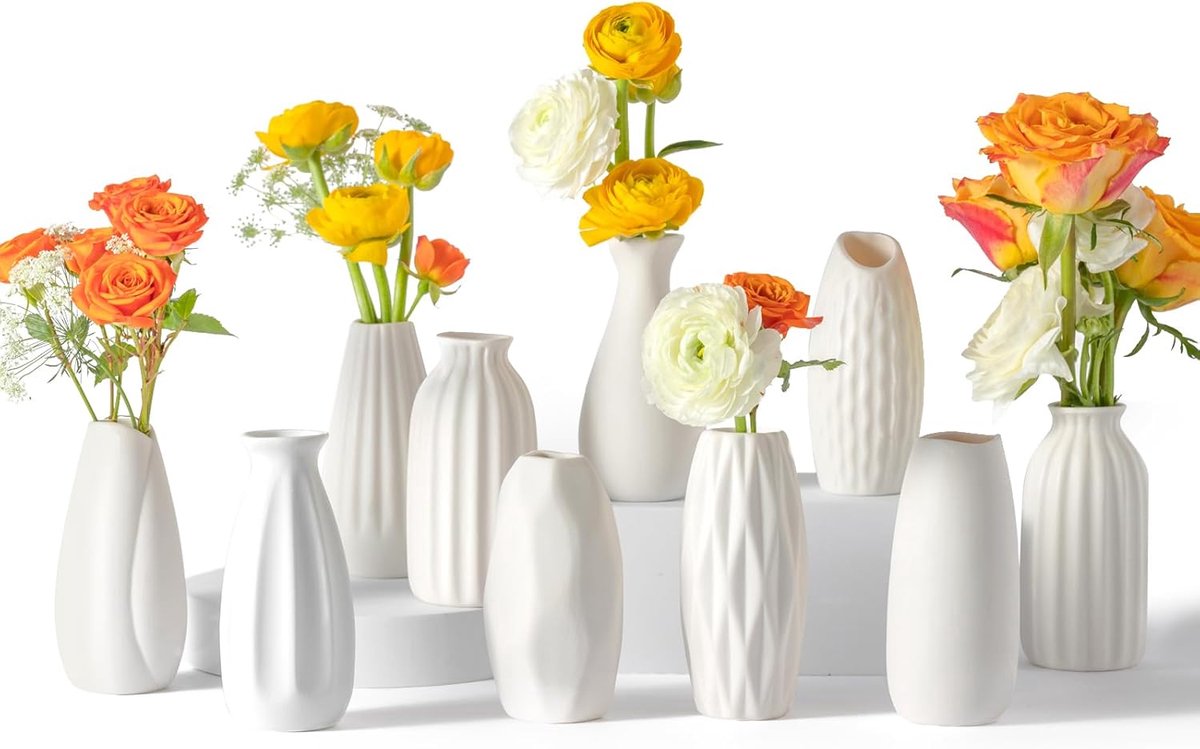 witte keramische vaas, set van 10 - mini-knopvazen voor bloemen en pampasgras, Boho centerpieces voor huis- en feestdecoratie, witte vazen, woondecoratie, keramische vaasset voor bruiloften