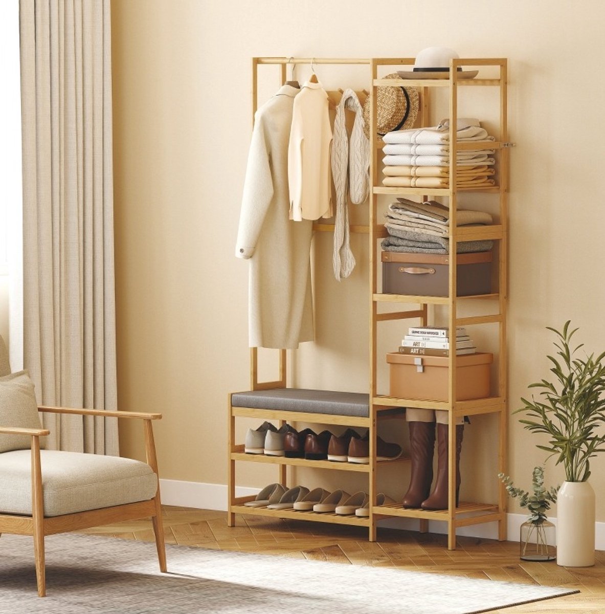 MEUNIQ Kledingrek met schoenenrek, kapstok, 10 haken, 5 open planken en bankje met kussen, bamboe garderoberek voor hal of entree, 104 x 33 x 175 cm, naturel – foto 4