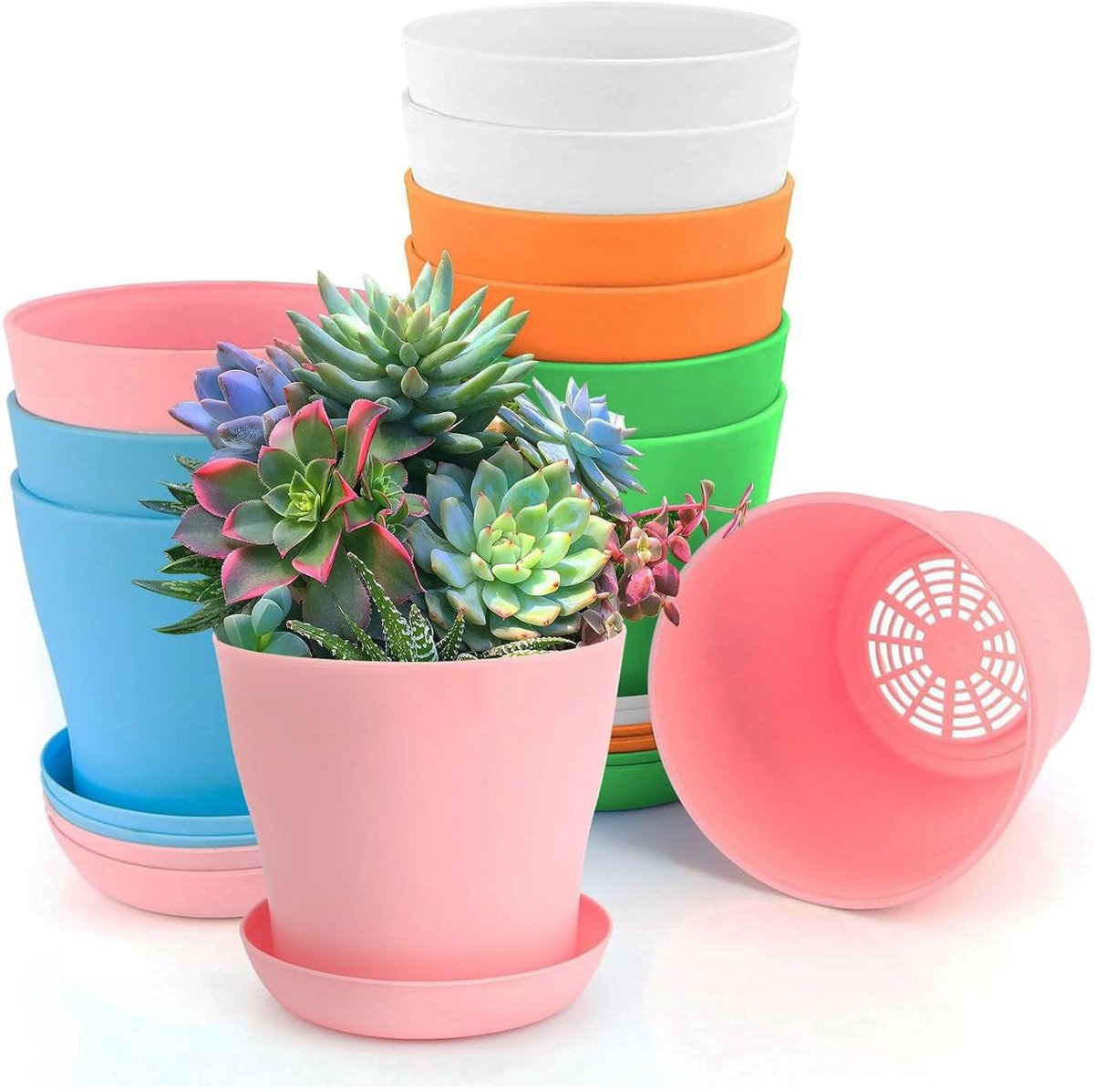 Plantenpotten, klein, bloempot met onderzetter, bloempot met irrigatiesysteem, kleine bloempot voor planten, cactussen en vetplanten, 5 kleuren, 10 stuks