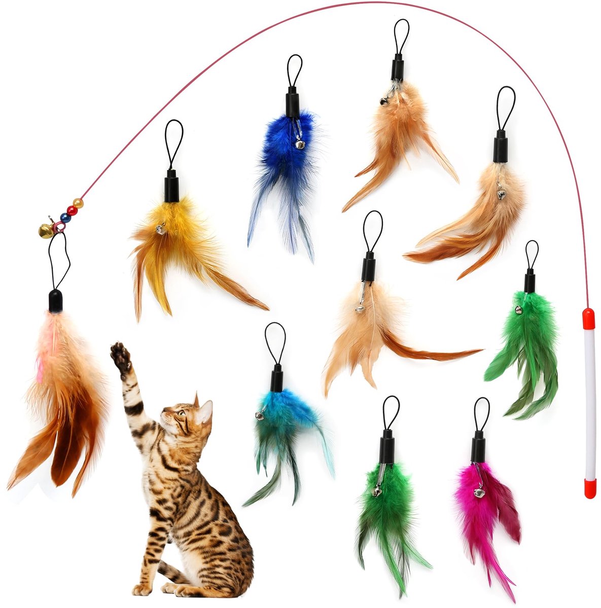 10 stuks kattenspeelgoedveren, interactief kattenspeelgoed met veren, veer kattenhengel hanger met belletjes, speelgoed voor katten, kleurrijke reserveveren, accessoires voor beweging en interactief