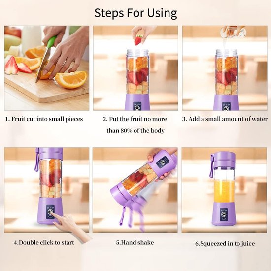 Draagbare Blender - USB Juicer Mini Mixer - Smoothies Maken - Zes RVS Bladen - 380 ml - Paars — afbeelding 2