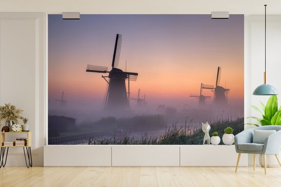 Brouillard aux moulins à vent hollandais de Kinderdijk lors d'un lever de soleil papier peint photo vinyle 360x240 cm - Tirage photo sur papier peint