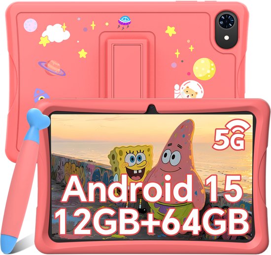 Roze tablet met Spongebob en Patrick op het scherm, en ruimte-thema decoraties op de achterkant. Inclusief stylus.