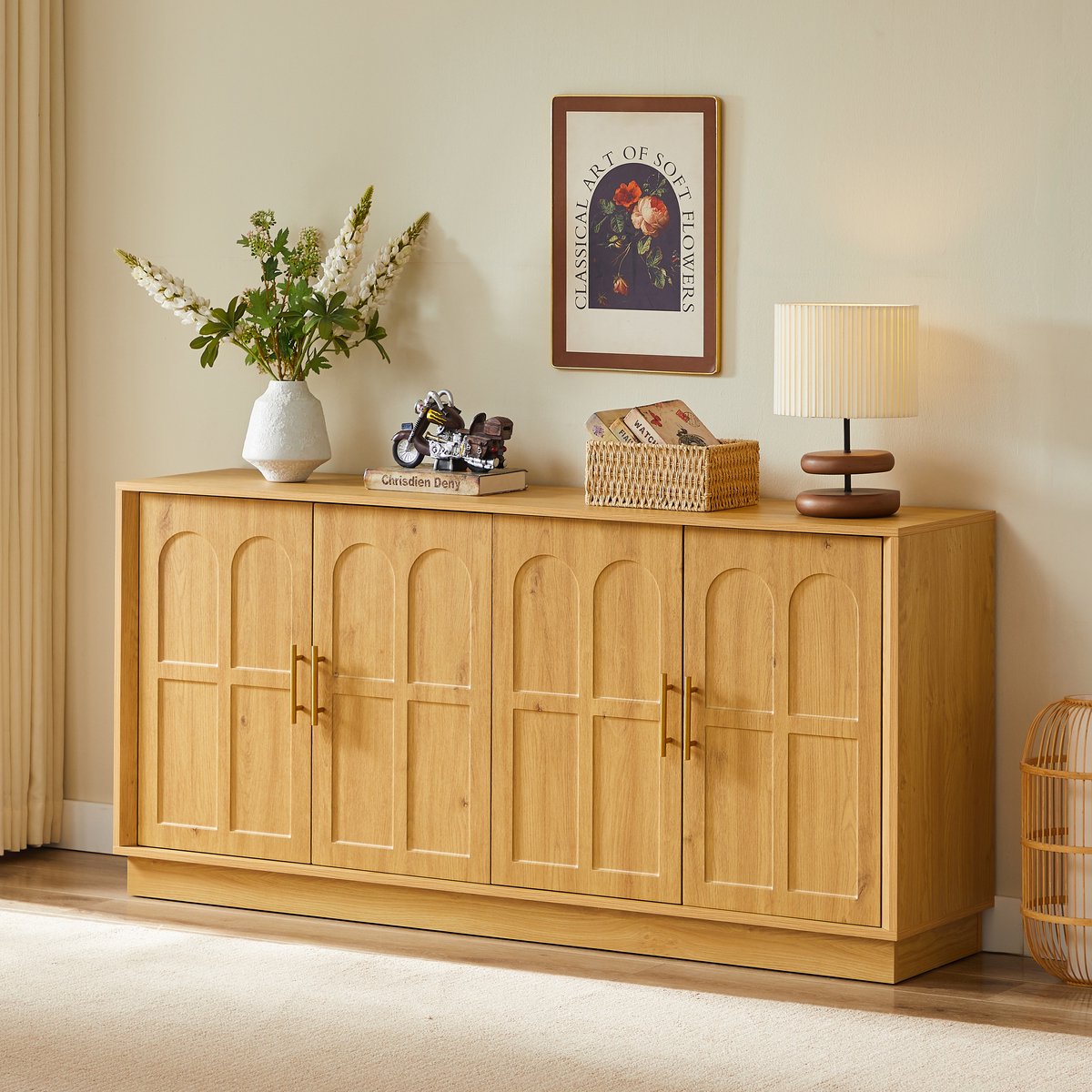 Groot sideboard met golvende deuren - 169x40x80 cm naturel - Verstelbare legplanken en kantelbeveiliging - MDF met houtnerf, antislipvoetjes - Minimalistisch opbergmeubel voor woonkamer, keuken, eetkamer en hal