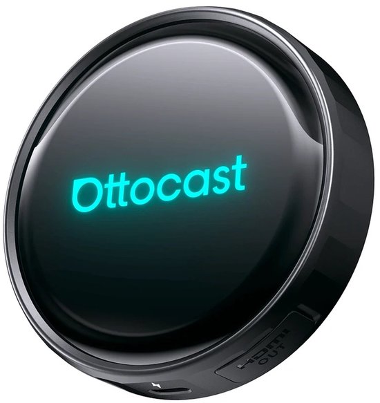 Ottocast apparaatje, rond, zwart met blauw gloeiend logo.