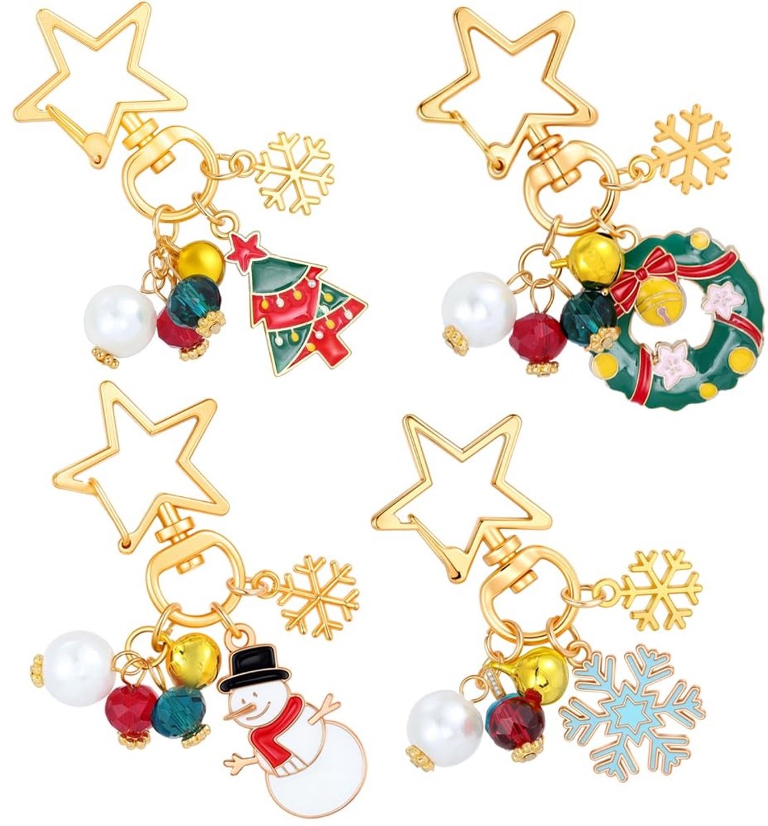 Dailygoods- Sleutelhanger Kerst Thema - 4 Stuks Sleutelhangers - Gouden Ster Sluiting - Emaille Sneeuwvlok - Glazen Parels - Voor DIY Decoraties - Kerstdecoratie