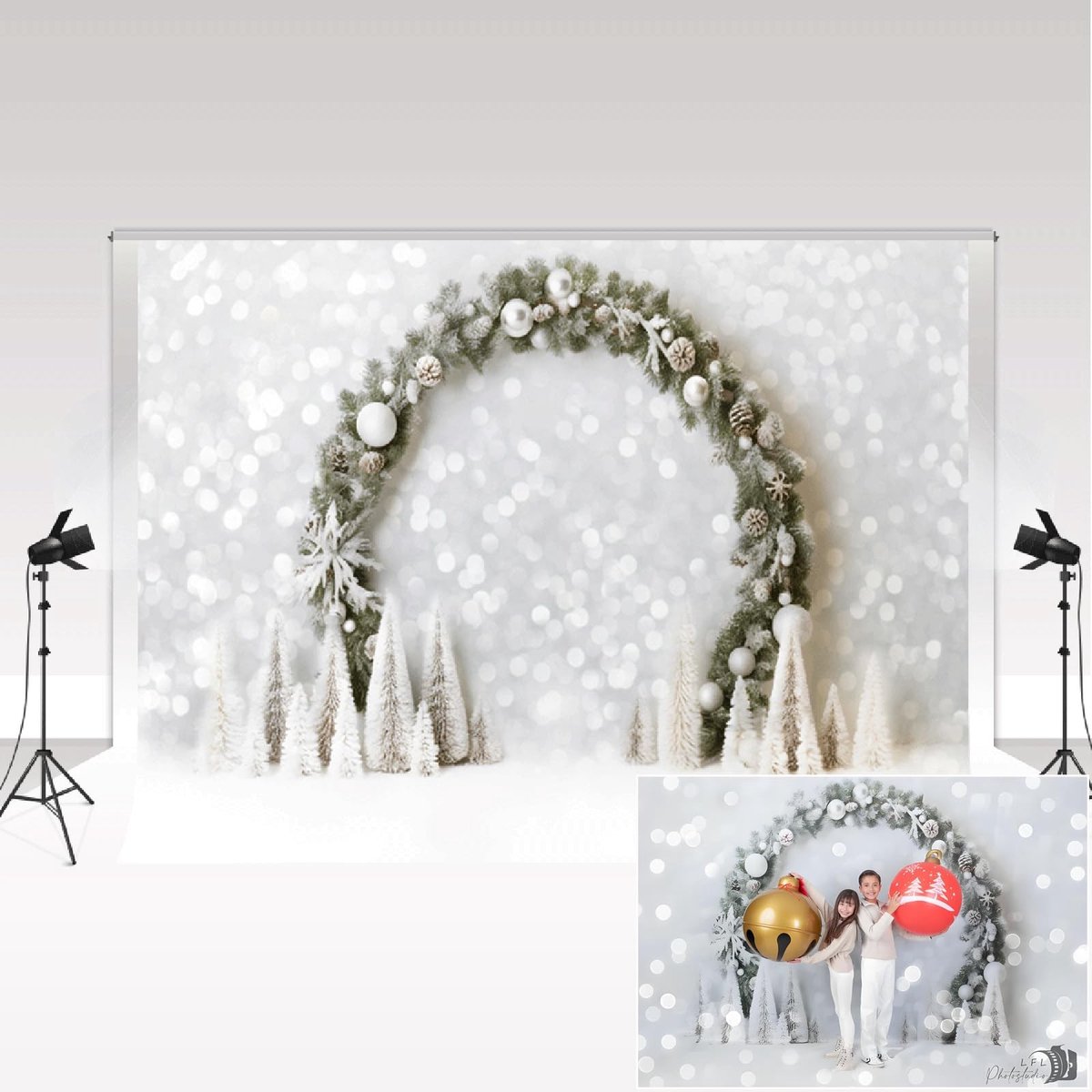 Dailygoods - Kerst Fotografie Achtergrond - Winter Sneeuwgroene Boog - 2.2x1.5m - Fotografie Rekwisieten - Kind Portret - Perfect voor Feestdagen