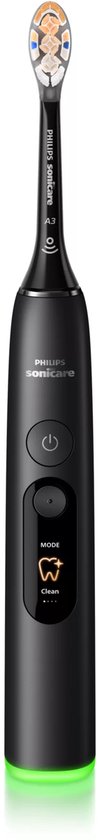 Zwarte Philips Sonicare elektrische tandenborstel met groen oplaadlicht aan de onderkant.