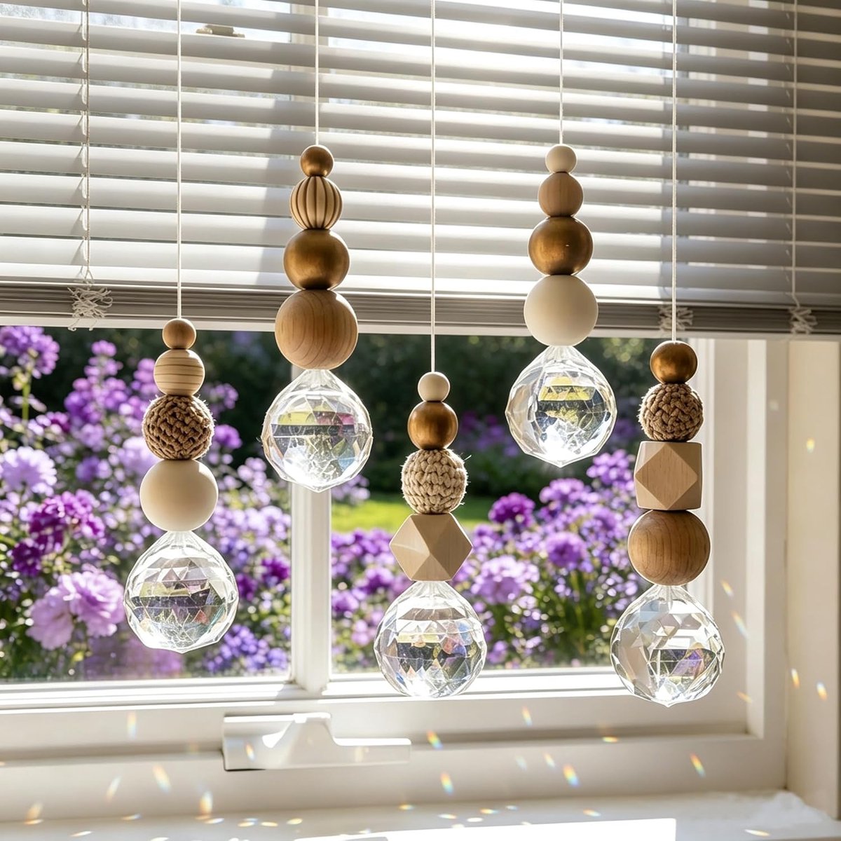 Zonnevangers voor ramen, set van 5 zonnevangers met houten kralen en kristallen bol, doe-het-zelf kristallen hanger, suncatcher voor kinderverjaardag, feest, raam, huis, tuindecoratie