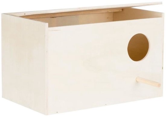 Houten nestkastje met open dak, ronde ingang van 4 cm en zitstok.