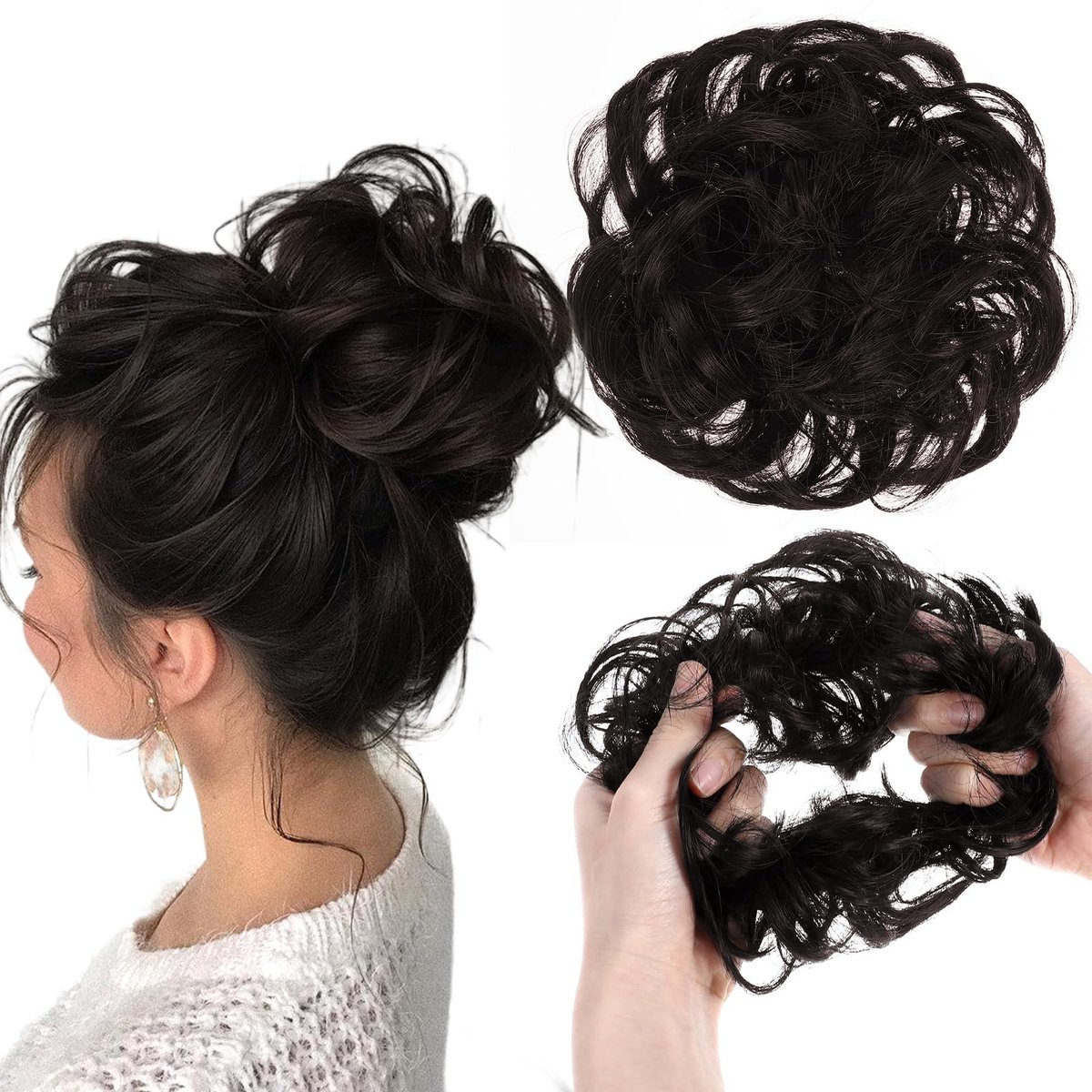 Dailygoods - 2-delige haarstukken scrunchie van echt haar, groot haarstuk met elastiek, knot haarstuk scrunchie met haar zwarte krullende opsteekkapsels haarverlenging rommelige knot (Bruin)