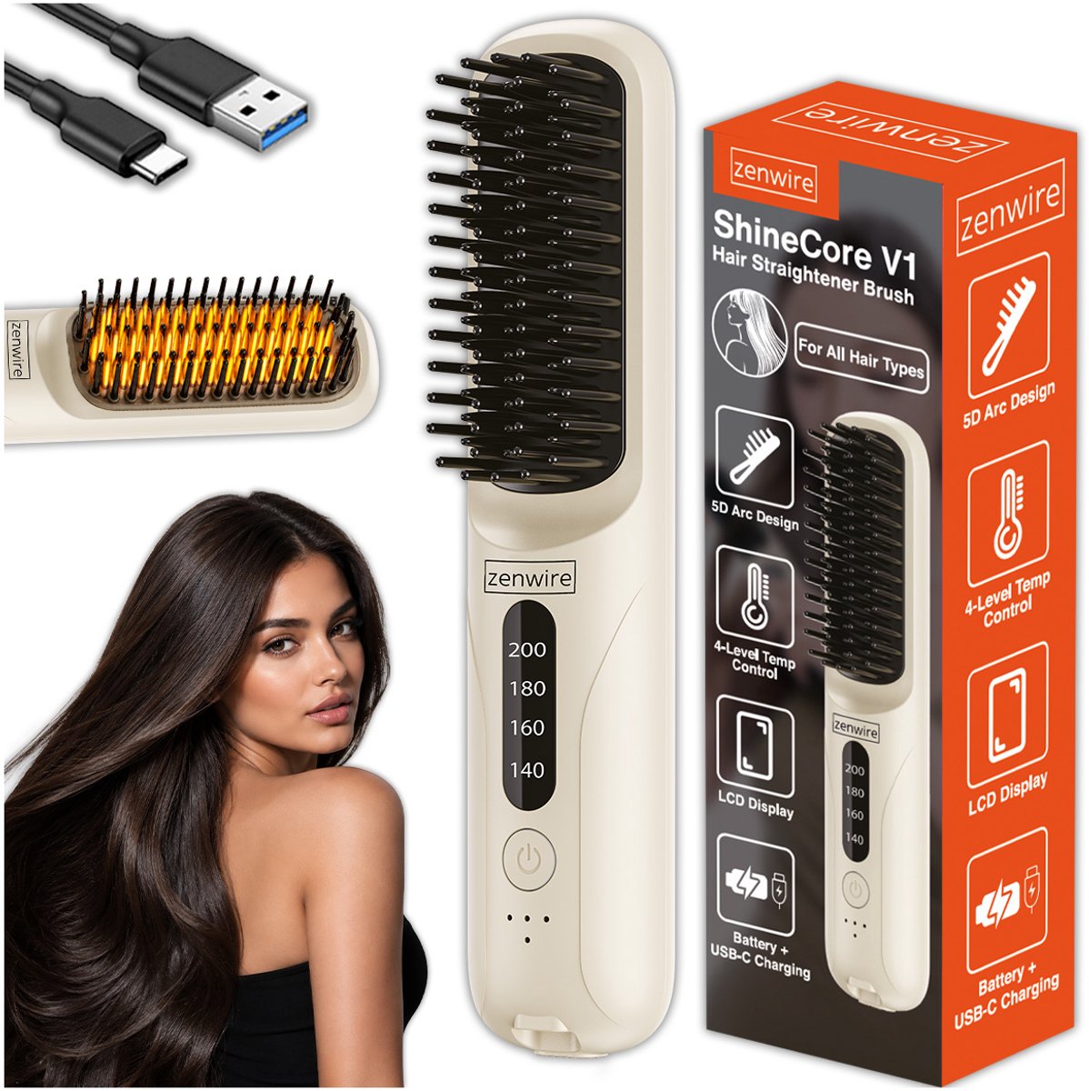 Zenwire V1 - Haarglätter - Stijlborstel - Haarstijltang - Draadloos - Ionisatie - USB - Lisseur Cheveux - Draagbaar - Professioneel - Cremé
