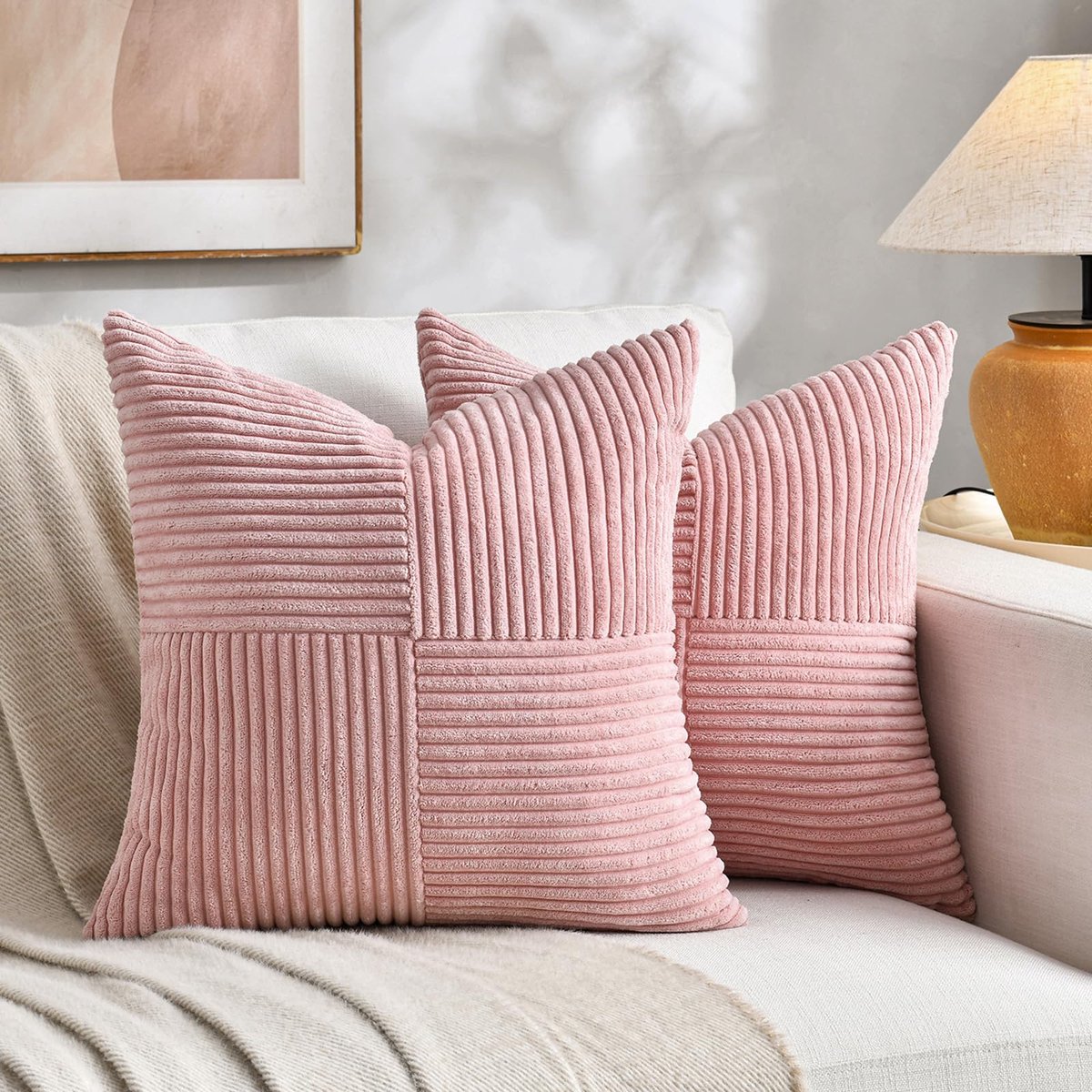 Set van 2 kussenhoezen, boho, corduroy, 45 x 45 cm, roze, zacht, decoratief, klassiek patroon met gekruiste strepen, onzichtbare ritssluiting, voor bank, bed, thuis