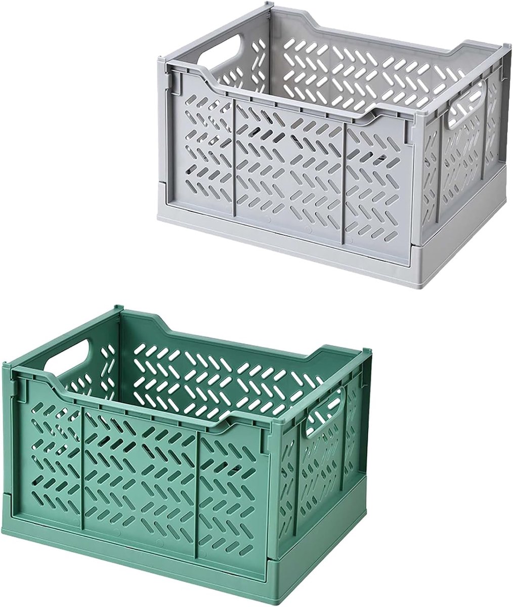 2 stuks grote opvouwbare opbergdozen stapelbare plastic opbergkratten dikke opvouwbare opbergmanden voor keuken, woonkamer, slaapkamer (donkergroen+grijs)