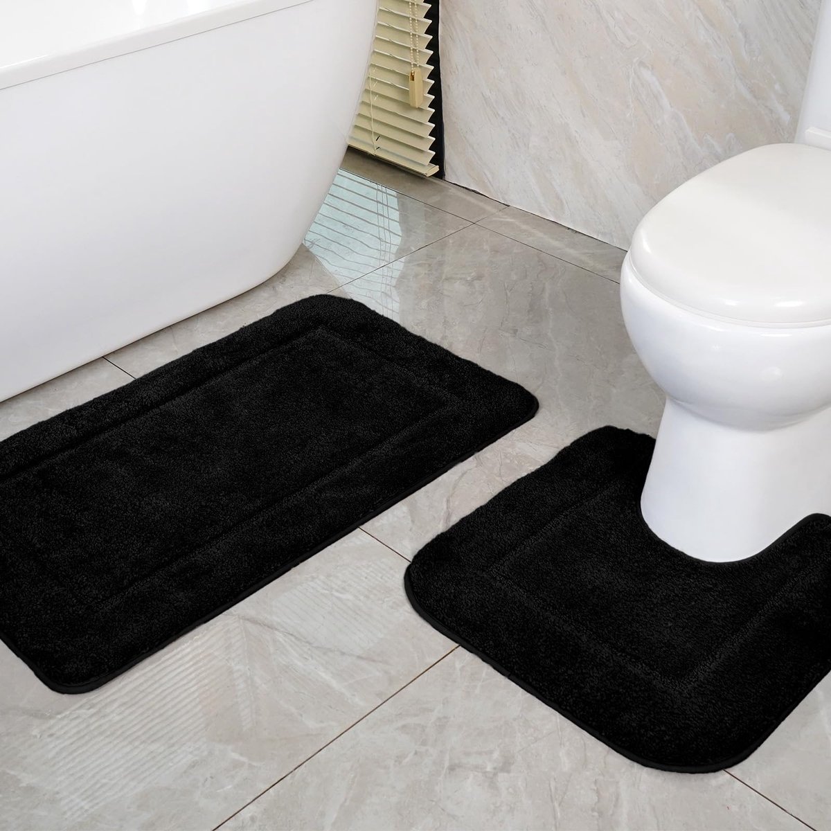 Badmat 2-delige Set, Zachte Microvezel Badkamermat, Antislip & Waterabsorberend, 53x86 cm Badmat & 50x50 cm WC Mat, Zwart