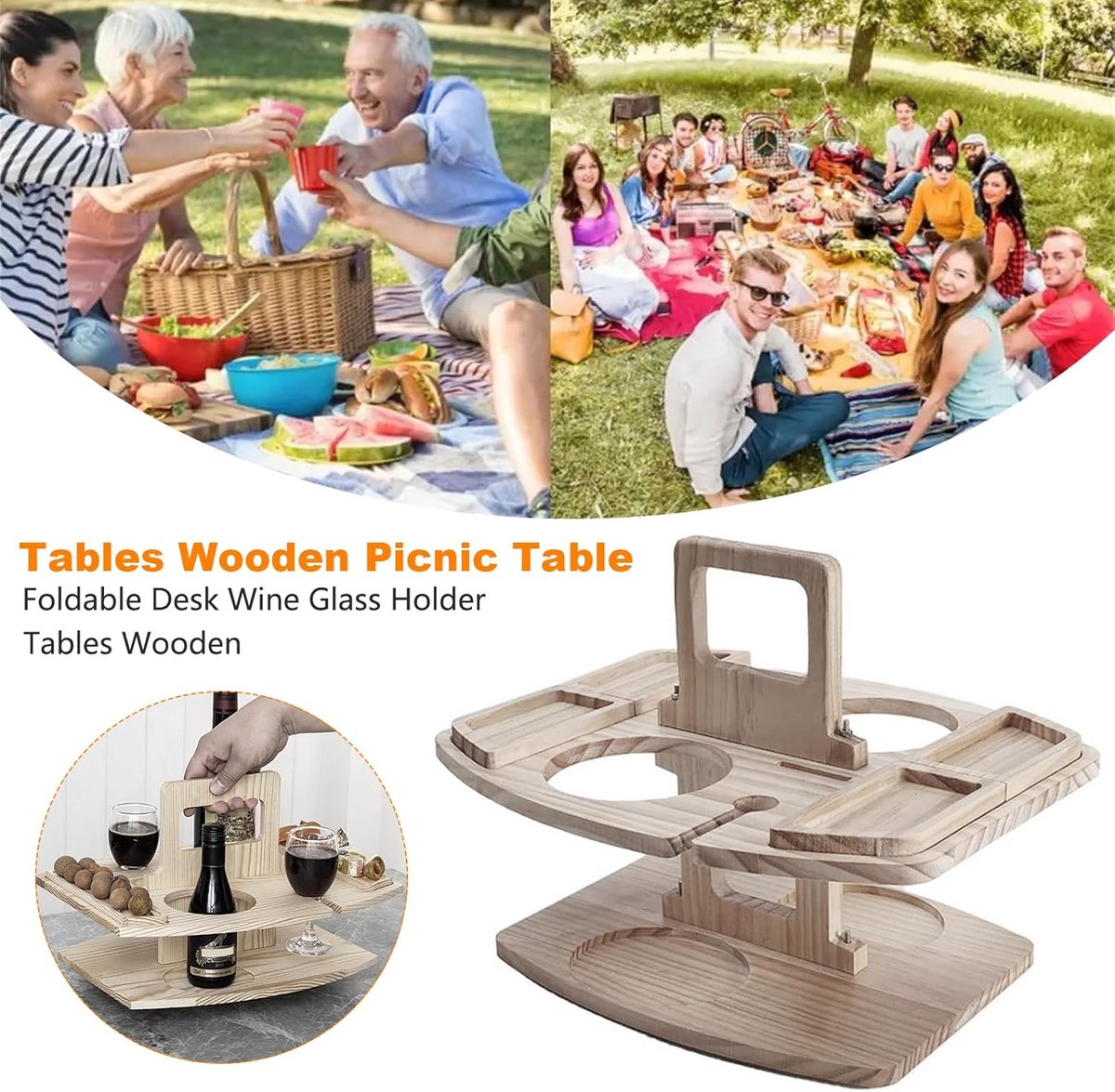 Picknick wijntafel, klaptabel voor picknick met houder voor rode wijnglas, houten mini snack dienblad, draagbare outdoor picknicktafel voor picknick, camping, strand — cadeau in Kookcadeaus - foto 2