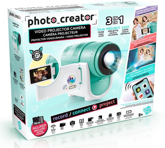 Doos van turquoise 'photo_creator' camera. Toont film-, projectie- en opnamefuncties, en verbindingsopties.