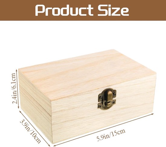 houten doos met klapdeksel, 15 x 10 x 6 cm. Onbehandelde houten kist kleine decoratieve grenenhouten doos met sluiting voor knutselen, bruiloften, doe-het-zelf sieraden, geschenken en — afbeelding 2