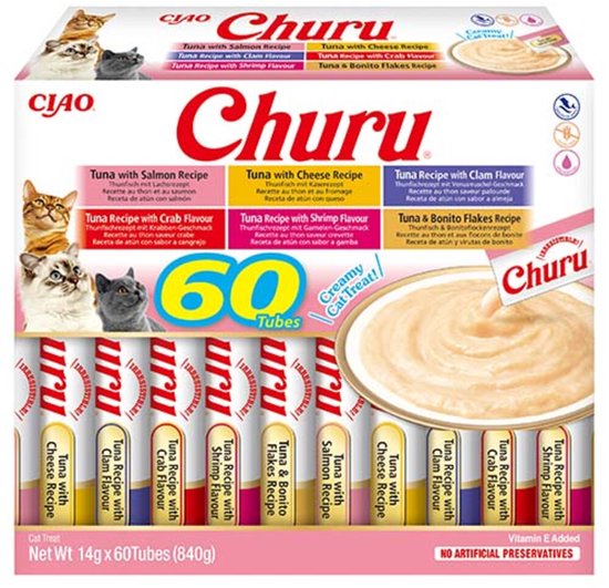 Doos met 60 tubes Churu kattensnack met verschillende vis- en krabsmaakjes, met afbeeldingen van katten.