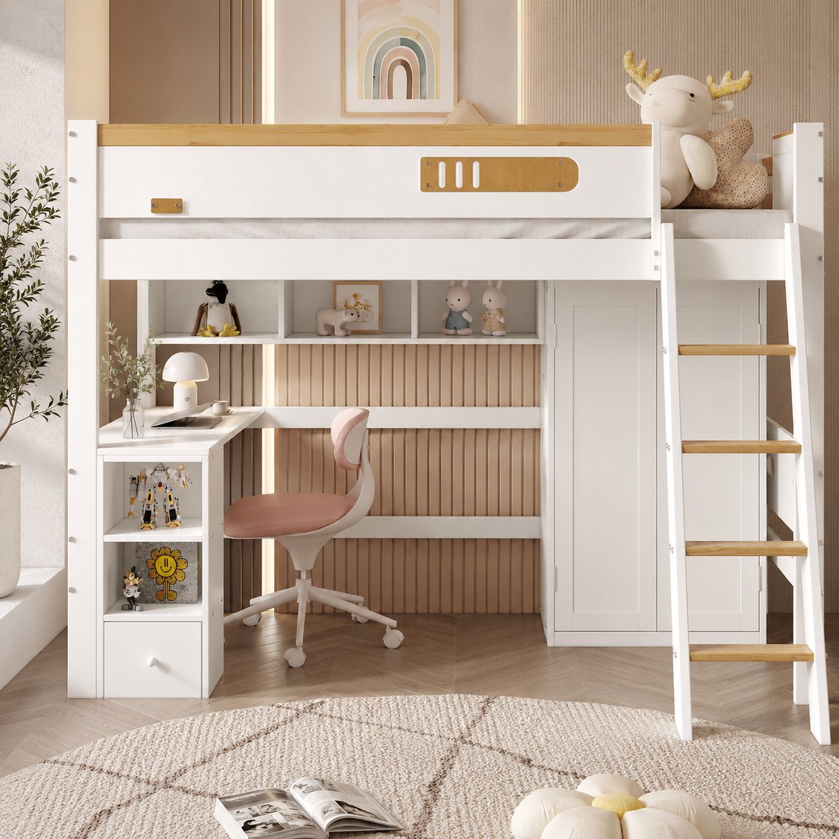 Stapelbedden 90x200 cm - Kinderbed - Eenpersoonsbed - Kinderstapelbed - Met lattenbodem - Met veiligheidshek, tafel en kledingkast - Met opbergruimte - Grenenhout - Wit
